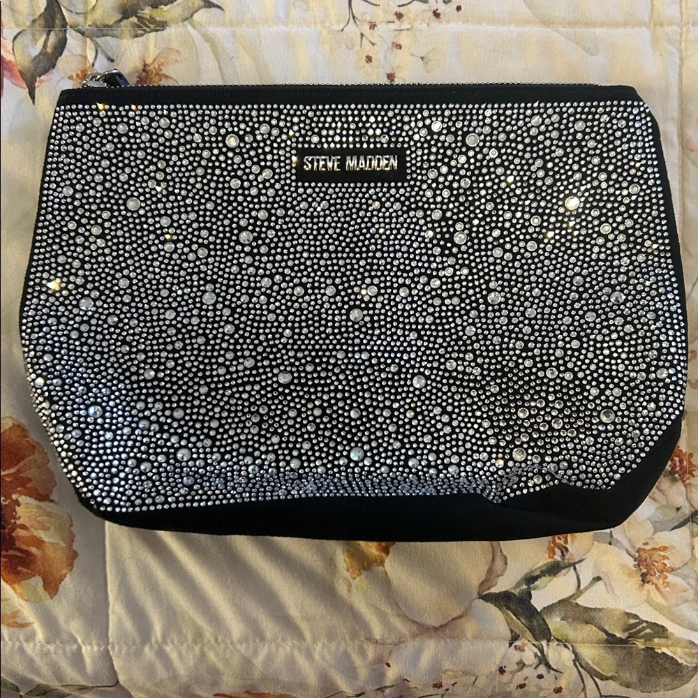 Steve Madden Black and Silver Sparkly Studded Cosmetic Bag